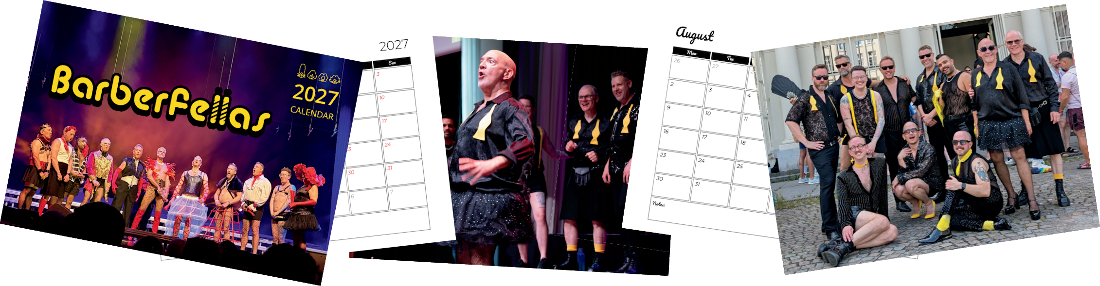 Preview of the Barberfellas 2027 calendar with photos of the choir in action and calendar grids.